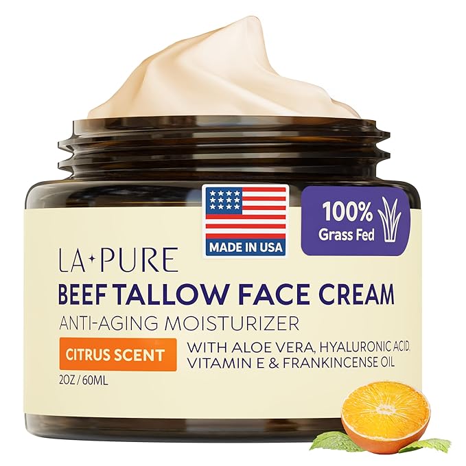LA PURE Beef Tallow for Skin, Grass-Fed Tallow Face Cream with Aloe Vera, Hyaluronic Acid, Frankincense & Vitamin E to Hydrate, Firm, and Smooth Skin, Non-Greasy Moisturizer, Citrus Scent, 2 oz