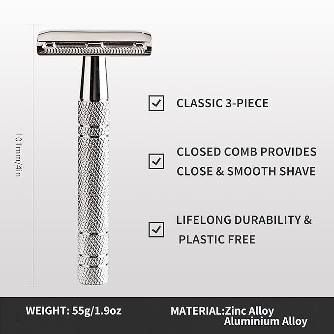 Gearhub Double Edge Safety Razor Reusable Stainless Metal Wet Shaving Razor with 10 Swedish Platinum Blades for Men Women Barber Bikini Armpit Hair, Silver GRB2D