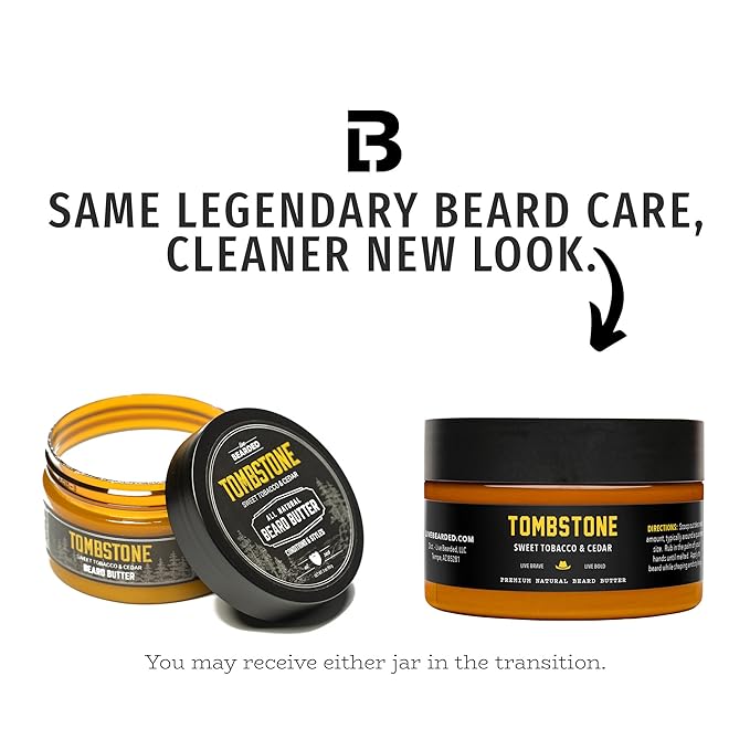 Live Bearded Beard Butter, 3 fl oz - Made in the USA - All-Natural Leave-in Conditioner and Softener with Shea | Tombstone Scent - Sweet Tobacco, Cedar