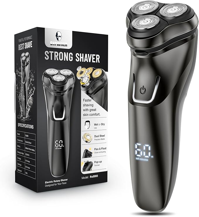 Electric Razor for Men Waterproof - Wet/Dry Cordless Rotary Shaver - Precision Blades Sensitive Skin Care, USB Fast Charging & Pop-up Trimmer Luxury Black Upgraded