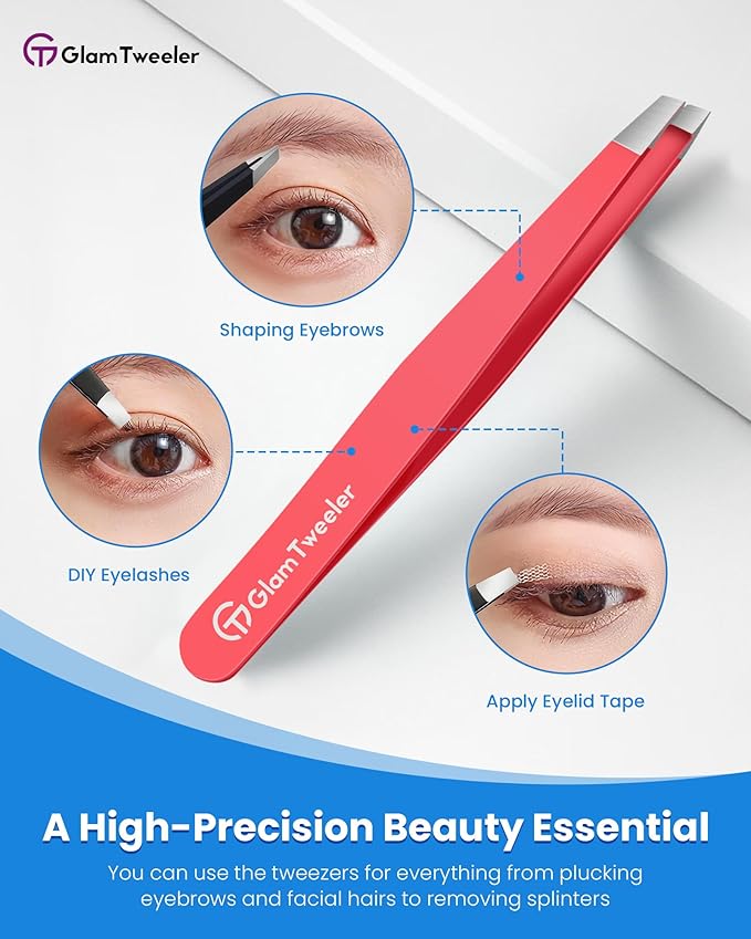 Expert Eyebrow Hair Removal Tweezer with Leather Case, GlamTweeler High Precision Slant Tip Stainless Steel Tweezers for Men and Women (Hot Pink)