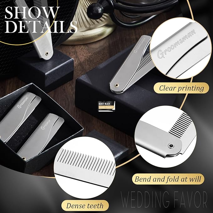 6 Pcs Groomsmen Gifts Folding Beard Comb for Men with Opener Groomsmen Gift Set of 6 Best Man Proposal Gift Combs Hair Mustache for Wedding Party Favor Grooming Detangling(Silver,Stainless Steel)