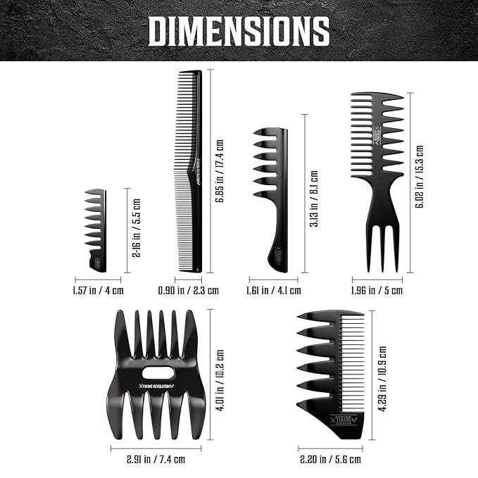 Viking Revolution Professional Styling Hair Combs for Men (6 Pieces) - Mens Comb for Hair Styling, Texturizing, Grooming and Detangling - Anti-Static, Durable and Easy to Clean