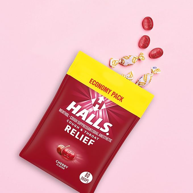 HALLS Cough and Throat Relief Cherry Cough Drops, Value Pack, 80 Drops