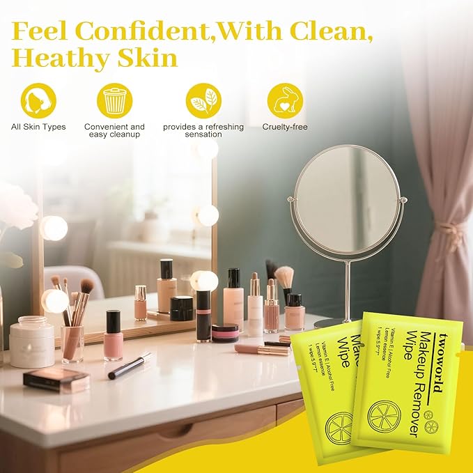 Makeup Remover Wipes Bulk Individually Wrapped,Travel Makeup Wipes Gentle for Face Cleansing Mascara Lipstick Travel Hotel（lemon,pack of 50)