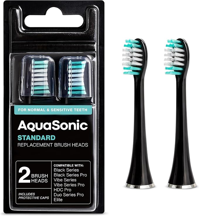 AquaSonic Genuine Standard Replacement Brush Heads | for Normal & Sensitive Teeth | Compatible with Many AquaSonic Toothbrush Handles (2 Pack Black)