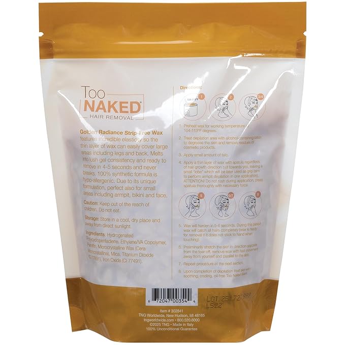 Too Naked Hair Removal Golden Radiance Strip-Free Wax, Incredible Elasticity Peel with Gel Consistency, Hypoallergenic for Sensitive Areas, Fragrance-Free, Unisex, 1 Lb.