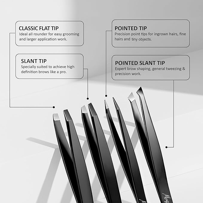 Fiber Tip Eyebrow Tweezers Set for Women & Men, 4 Pcs Professional Stainless Steel Tweezer Kit with Slant, Pointed, Flat & Pointed-Slant Tips for Facial Hair & Eyebrow Removal (Black)