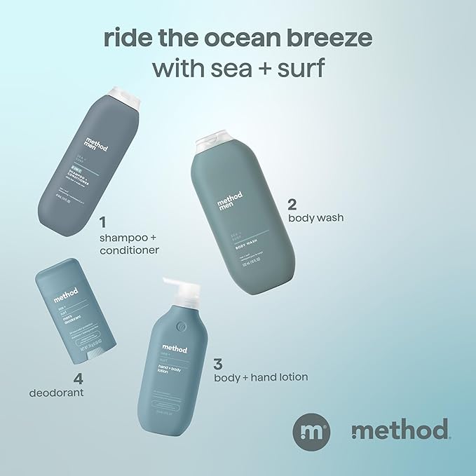 Method Men 2-in-1 Shampoo and Conditioner, Sea + Surf - Cleans and Conditions with Argan and Jojoba Oil - Paraben Free and Silicone Free - 14 Fl Oz, Pack of 3