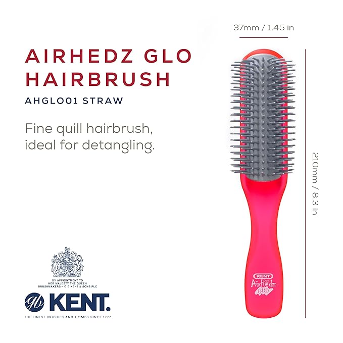 Kent AHGLO01 Airhedz Glo Red Half Round Narrow Detangling Hair Brush - 9 Row Ionic Anti Static Non Scratch Long Nylon Bristle Great for Detangling and Smoothing Medium to Long Length Hair