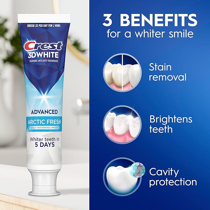 Crest 3D White Advanced Teeth Whitening Toothpaste, Arctic Fresh, 3.3 oz, Pack of 3