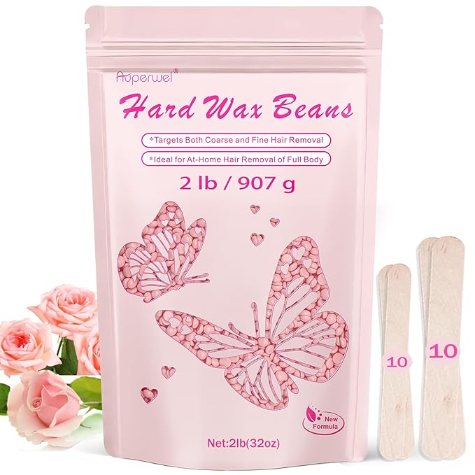 Wax Beads Includes 20 Sticks,Hard Wax Beads 2lbs for Hair Removal and Sensitive Skin Friendly, Large Hard Wax for Brazilian, Bikini, Armpits, Face & Body At-Home Waxing, Rose
