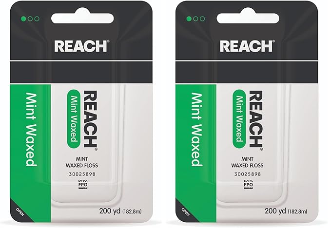 REACH Waxed Dental Floss, Mint, Plaque Remover for Teeth, Shred Resistant, Floss Slides Smoothly, Easy to Use, Waxed, Deep Cleaning Teeth, Oral Care, PFAS Free, for Adults & Kids, 200 yd (Pack of 2)