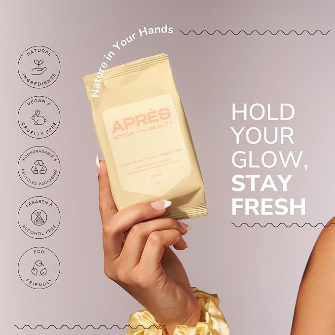 Cool + Glow Facial Towelettes Pack | 25 Cleansing Makeup Remover Wipes | Enriched with Jojoba Oil, Menthol & Hot Spring Water | Refreshing Post-Workout Skincare