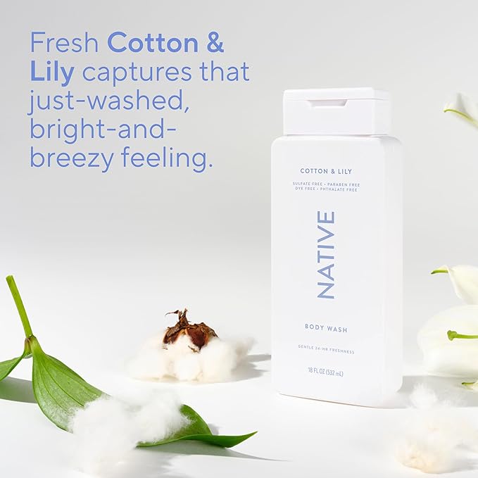 Native Body Wash Contains Naturally Derived Ingredients | For Women & Men, Sulfate, Paraben, & Dye Free Leaving Skin Soft and Hydrating | Cotton & Lily 18 oz
