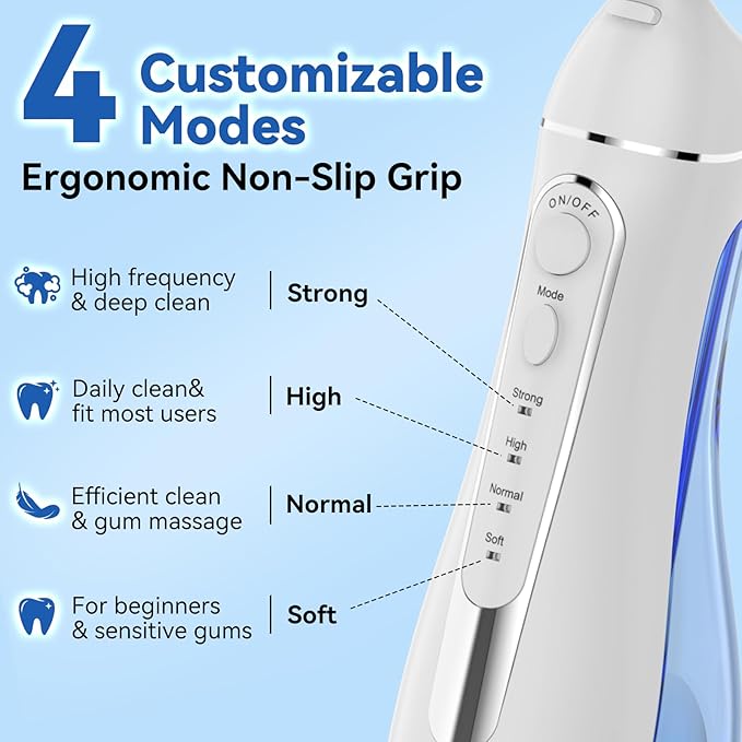 Cordless Portable Water Flosser with 300ML Tank: Rechargeable Oral Irrigator with 5 Tips for Travel, Braces Care and Sensitive Gums, IPX7 Waterproof Teeth Cleaning Device(White)