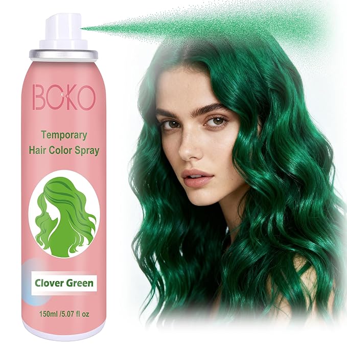 Boko Temporary Hair Color Spray, 150 ML Green Hair Dye for Kids Women Men One-Day Use, Washable Non-Damaging Color Hairspray For Halloween Crazy Hair Day Cosplay Party DIY