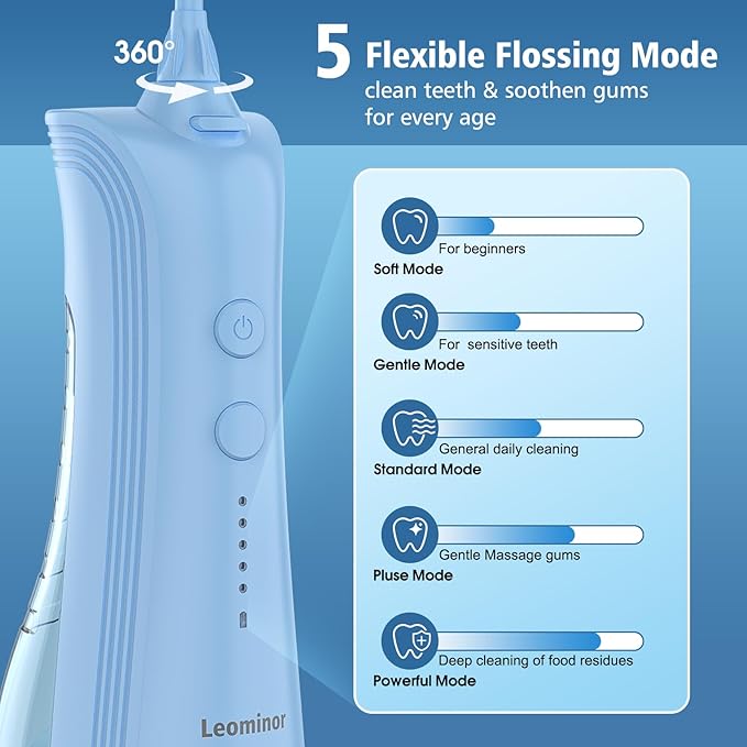 Leominor Water Dental Flosser - 5 Modes Cordless Oral Irrigator, IPX7 Waterproof, Rechargeable Teeth Cleaner Upgrade Datchable Tank Professional Flossing Cleaning Pick for Home Travel(S Blue)