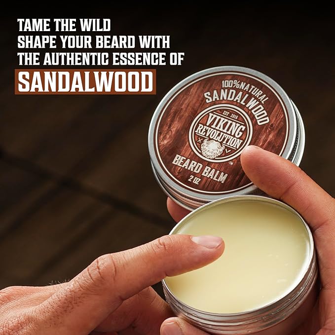 Viking Revolution Sandalwood Beard Balm for Men (2oz) and Sandalwood Beard Oil (1 fl oz) Bundle - With Argan and Jojoba Oils - Soften and Moisturize - Stocking Stuffers for Men