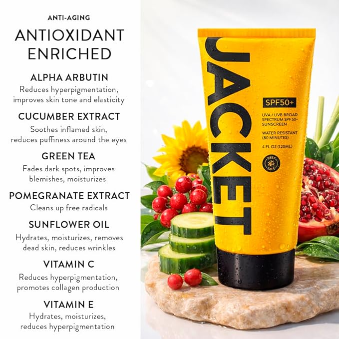 JACKET Sunscreen SPF 50+ | Mineral Sunscreen with Vitamin C | Water Resistant 80 Min, Natural, Reef Safe | UVA/UVB Broad Spectrum Protection for Face & Body, 4 FL Oz