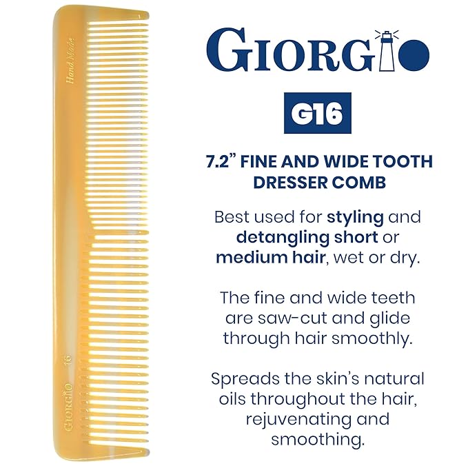 Giorgio G16 Fine Tooth and Wide Tooth Detangler Comb - Hair Comb for Men and for Women, Hair Styling Barber Comb, Beard and Mustache Combs for Men - Saw Cut and Handmade (Ivory)