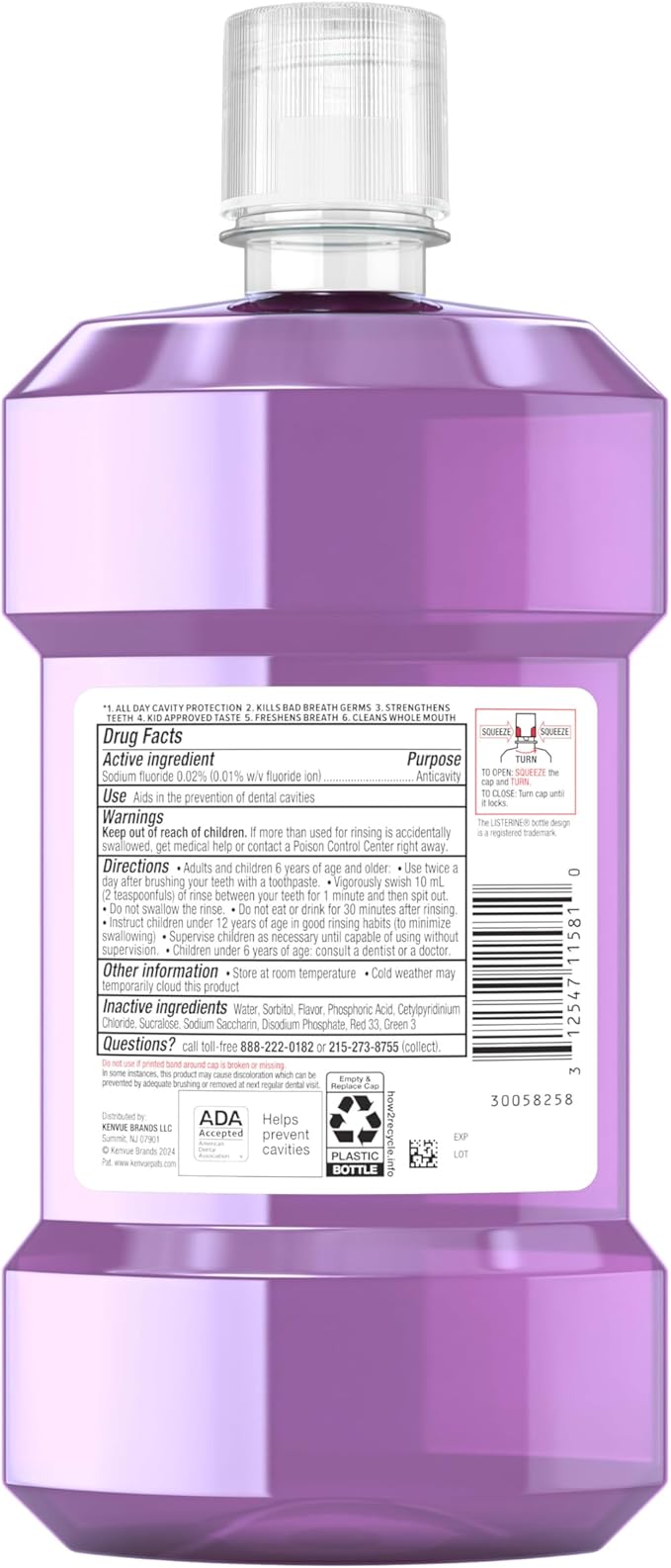Listerine Total Care Kids Mouthwash, ADA Accepted, Alcohol-Free Anticavity Fluoride Mouthwash, Children's Mouthwash for Cavity Protection and Fresh Breath, Berry Flavor, 500 mL