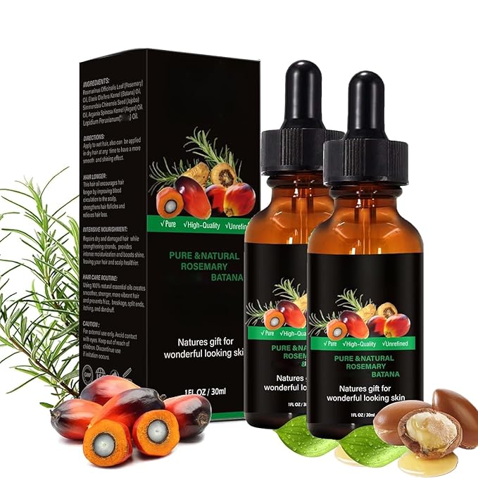 Rosemary & Batana Oil - Blended with Jojoba & Argan Oil - 100% Organic Essential Oil for Hair Natural Scalp Treatment (2 Pcs)