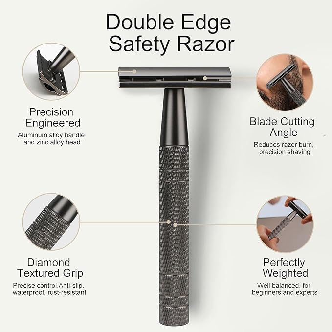 Double Edge Safety Razor with Stand, Single Blade Razors for Men and Women, with 10 Stainless Steel Double Edge Blades, Smooth and Close Shave, Plastic Free, Matte Gun Black