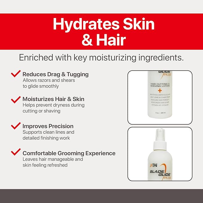 JATAI - Blade Glide Plus - Hair Cutting and Shave Lotion - Moisturizes Skin & Hair - Equalizes Hair Porosity - Extends Life of Blade - With Silicone, Pro Vitamin B5 & Purified Water - 8 Oz