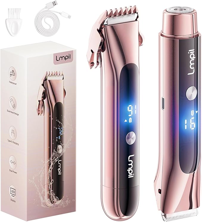 Bikini Trimmer for Women, 2-in-1 Electric Razor with Dual Heads, Ceramic Blade, Waterproof & Rechargeable, Painless Pubic Hair Shaver for Bikini, Underarm, Legs, Face | Gifts for Her - Rosegold