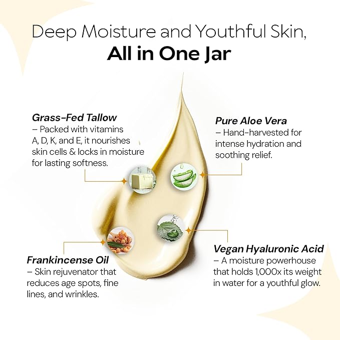 LA PURE Beef Tallow for Skin, Grass-Fed Tallow Face Cream with Aloe Vera, Hyaluronic Acid, Frankincense & Vitamin E to Hydrate, Firm, and Smooth Skin, Non-Greasy Moisturizer, Citrus Scent, 2 oz