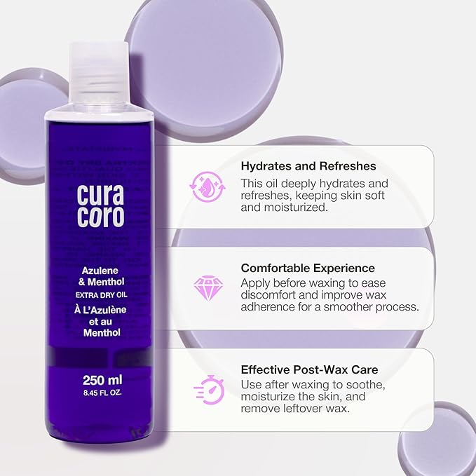 Curacoro Azulene & Menthol Extra Dry Oil for Pre-Post Wax Care | Hydrate, Soothe, Refresh Skin Before-After Waxing, Fast-Absorbing Formula