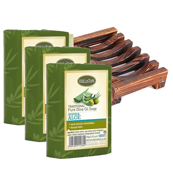 Kalliston, Aloe Extract Herbal Soap Bar, Greek Olive Oil, Hydrating and Moisturising, All Skin Types, Pack of 3 and 1 Soap Dish