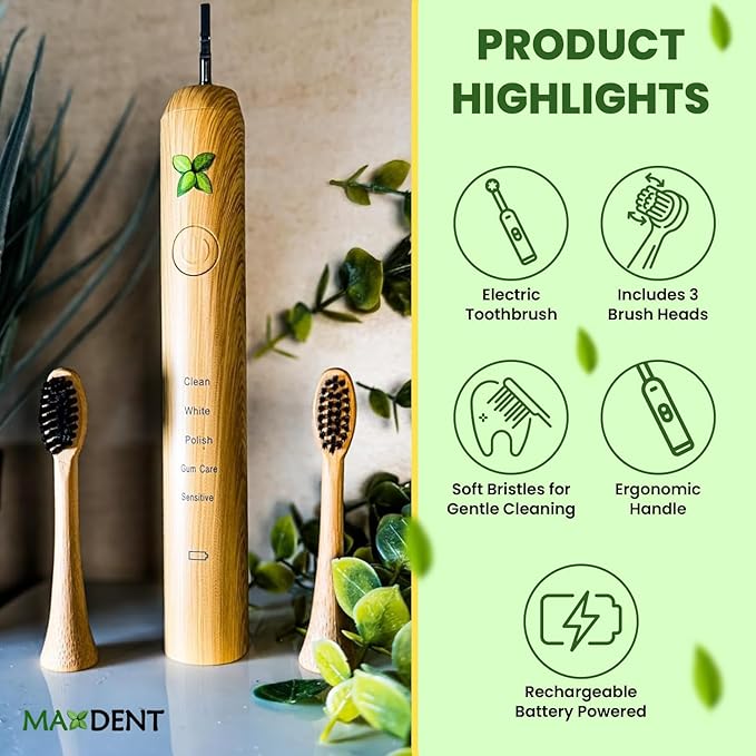 Rechargeable Electric Toothbrush, Soft Bristle Adult Oral Care with 3 Bamboo Replacement Heads, Electric Toothbrush for Adults, Sustainable Rechargeable Dental Hygiene