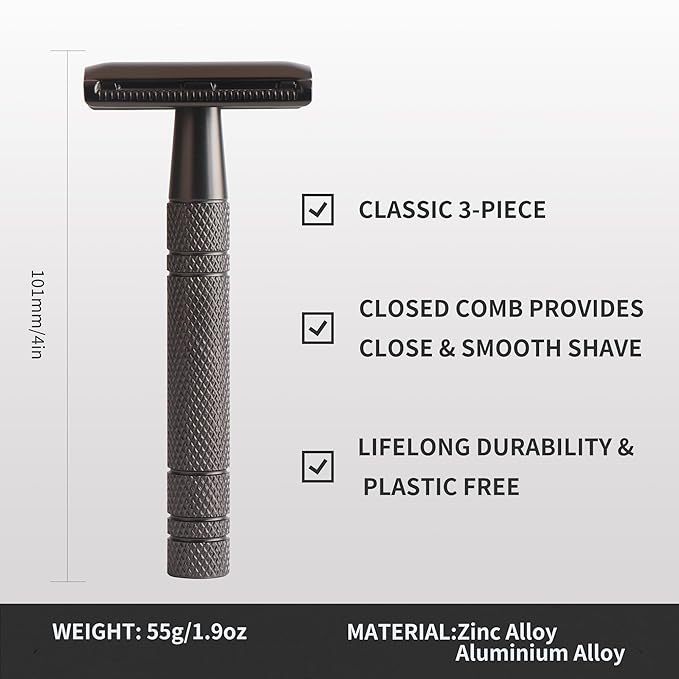Gearhub Double Edge Safety Razor Reusable Stainless Metal Wet Shaving Razor with 10 Swedish Platinum Blades for Men Women Barber Bikini Armpit Hair, Matte Black GRB2D