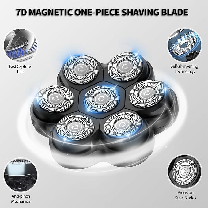 Magnetic Head Shaver Replacement Heads 7 Double Ring Waterproof Rotary Razor Blades for Bald Men Compatible with Freebird wyklaus shpavver(Black)