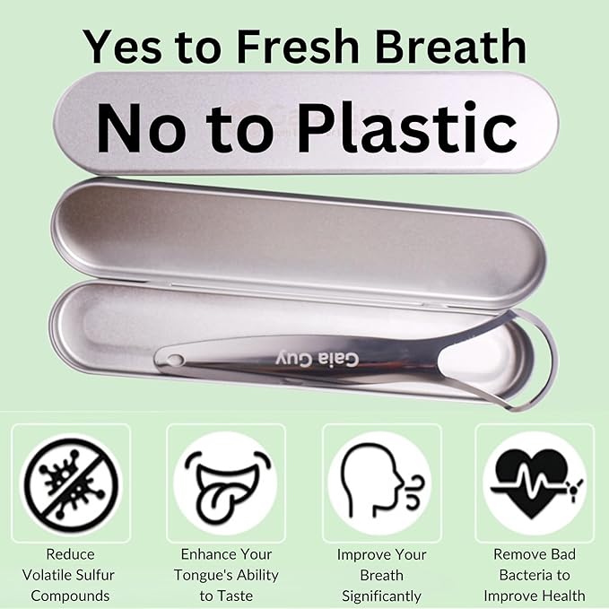 Stainless Steel Tongue Scraper (2-Pack w/ 2 Steel Travel Cases Included), Tongue Cleaners Reduce Bad Breath, 100% Metal Tongue Scrapers with Metal Cases (Plastic-Free)