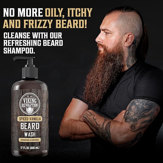 Viking Revolution Beard Wash and Beard Conditioner for Men with Argan Oil and Jojoba Oil - Beard Softener and Strengthener Beard Care Beard Shampoo and Conditioner with Beard Oil (17oz Spiced Vanilla)