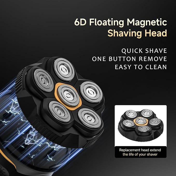 Electric Shavers for Bald Men, 6D Magnetic Head Razor with Led Display, USB-C Rechargeable and Cordless, Waterproof Wet/Dry Shaver for Men, with Storage Case and 1 Replacement Head (Black)