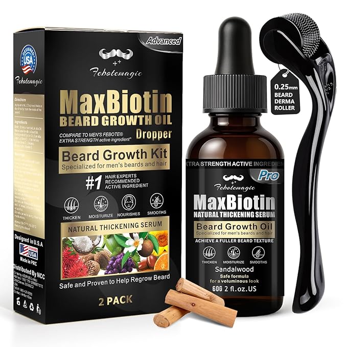 Biotin Beard Growth Kit for Men with Conditioning Oil and 0.25mm Massager Roller, Sandalwood Serum with Castor and Jojoba Oil, Grooming Softer Thicker Healthier-Looking Mustache Beard Care