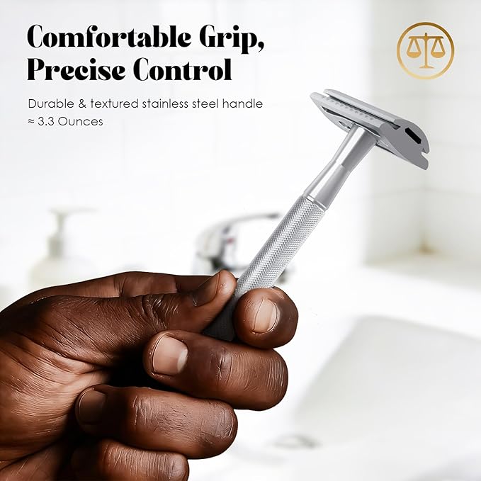 Single Blade Safety Razors for Men, Shaving Razor Kit, with 10 Double Edge Blades and 1 Stand, Stainless Steel Reusable Metal Razor, Holiday Gifts for Men Him Husband Dad Son Brother