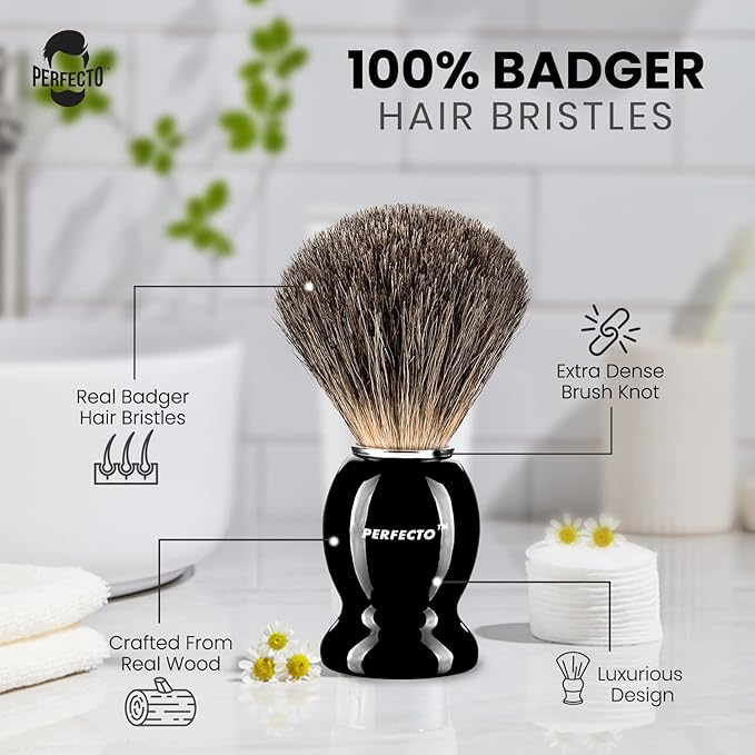 Perfecto 100% Pure Badger Shaving Brush-Black Handle- Engineered for The Best Shave of Your Life. for, Safety Razor, Double Edge Razor, Straight Razor or Shaving Razor, Its The Best Badger Brush.