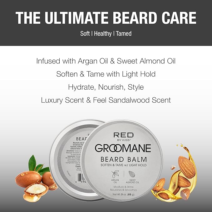 Red by Kiss Groomane Beard Balm Sandalwood, 3oz, Conditioning & Styling with Argan Oil & Sweet Almond Oil, Light Hold, Softens & Tames Facial Hair