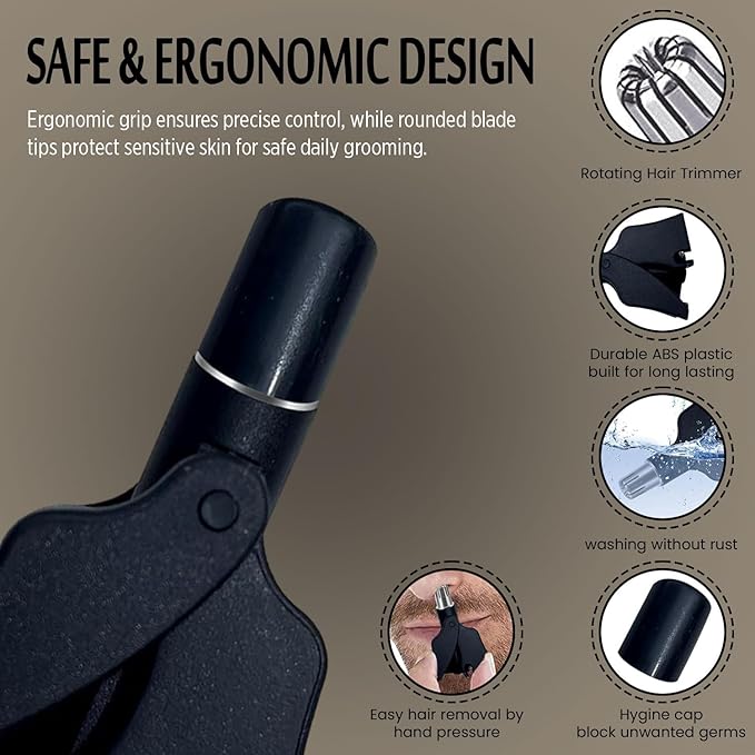 Stainless Steel Hair Trimmer for Men and Women | Manual Nose and Ear Hair Trimmer | Nose Clippers, 360° Rotating Hair Trimmers | Washable Nose Hair Remover | Gray