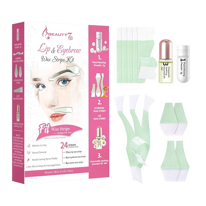 Beauty7 Pre-cut Wax Strips for At-Home Eyebrow, Lip, and Facial Hair Removal - 24 Strips with Pearl Powder and Essential Oil for Sensitive Skin