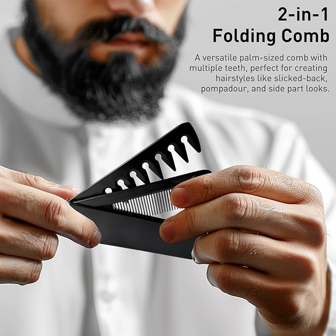 2-in-1 Men's Protable Folding Pocket Comb - Black, Fine & Wide Tooth Comb for Hair and Beard Grooming