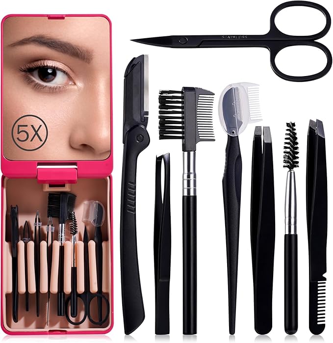 JPNK Eyebrow Trimmer Kit, 8 in 1 Scissors Professional Eyebrow Grooming Set for Women and Men with 5X Magnifying Mirror