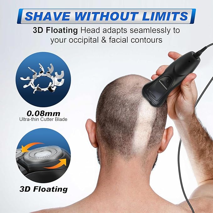 BlueFire Head Shaver for Bald Men, Corded 3D Electric Rotary Shavers with Pop-up Trimmer,Bald Head Close Shaver for Men, Rotary Shaver Electric Dry Shave
