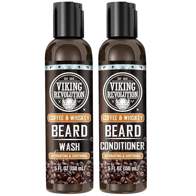 Viking Revolution Beard Wash and Beard Conditioner for Men with Argan Oil and Jojoba Oil- Beard Softener and Strengthener Beard Care Beard Shampoo and Conditioner with Ginseng Root(5oz,Coffee Whiskey)
