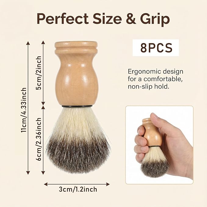 8 Pcs Men Shaving Brush for Wet Shave, Professional Salon Tools Comfortable Wood Handle Hand Crafted Shaving Brush Soft Bristle Shave Brushes Handmade Nylon Hair Brushes for Bearded Man